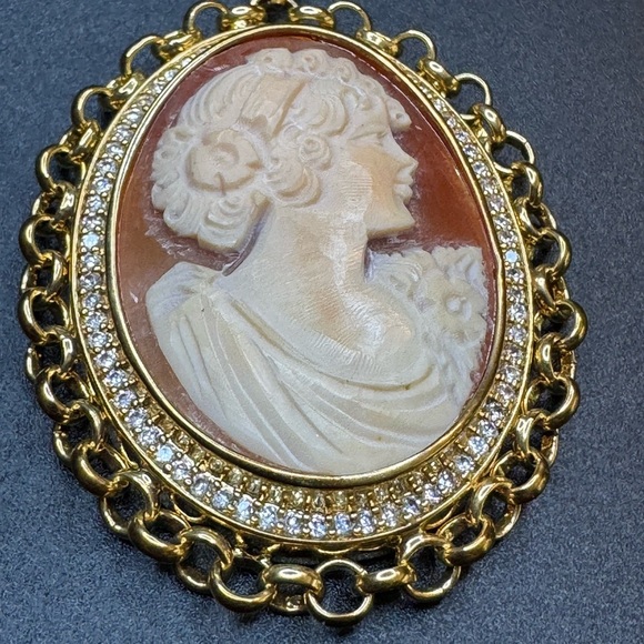 Amedeo Pave CZ Cameo Carved Large Pendant w/ Gold tone Chain - Picture 3 of 4